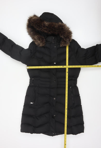 New Look Women's Black Long Puffer Coat Size 10 Hooded Belted Winter Jacket