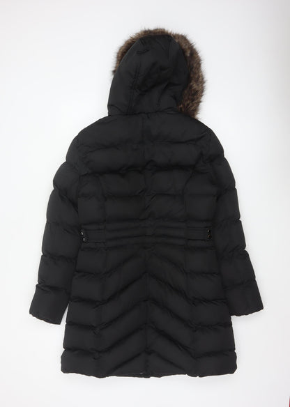 New Look Women's Black Long Puffer Coat Size 10 Hooded Belted Winter Jacket