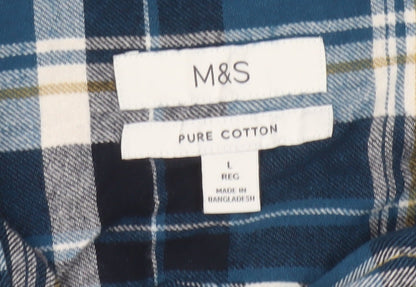 Marks and Spencer Men's Blue Plaid Flannel Cotton Long Sleeve Button-Up Shirt L Regular