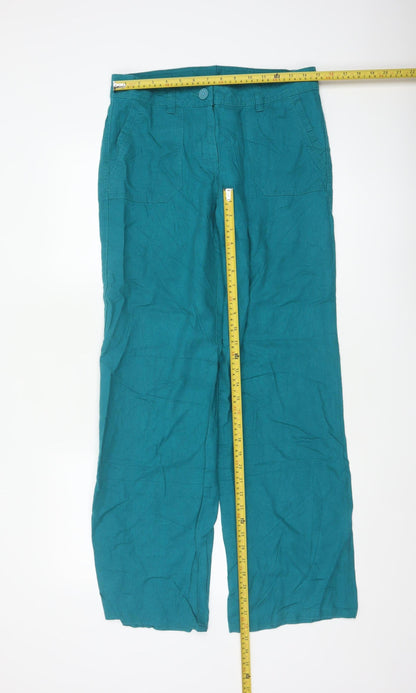 Marks and Spencer Women Blue Linen Wide-Leg Trousers Size 10 Tall