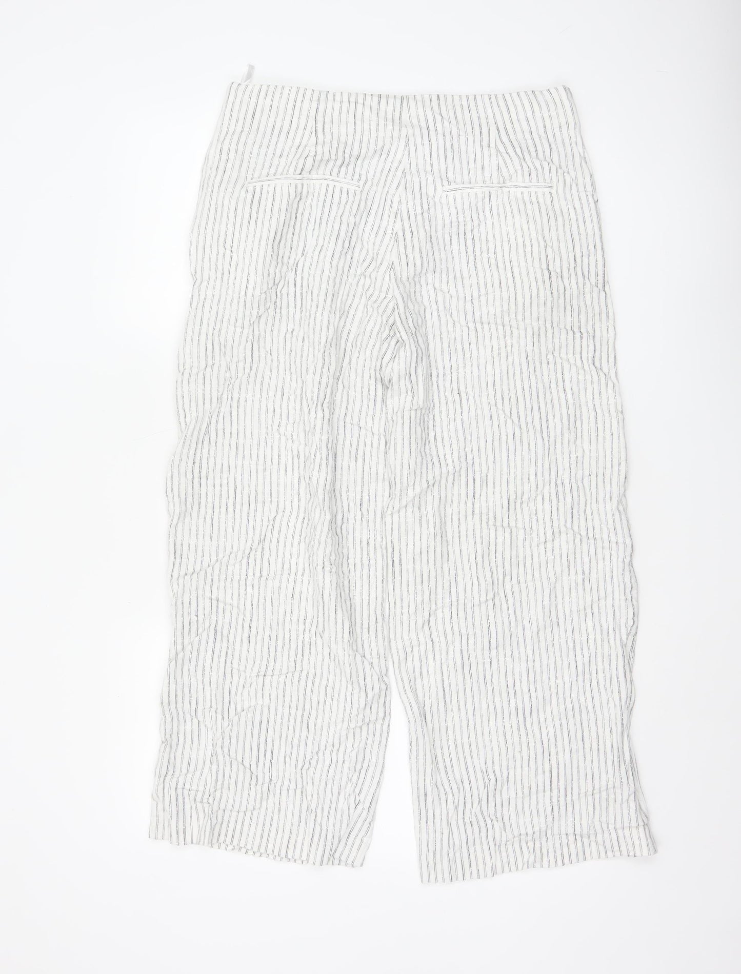 Marks and Spencer Women’s White Striped Linen Blend Straight Trousers Size 12 Short