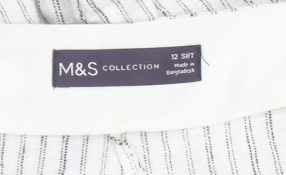 Marks and Spencer Women’s White Striped Linen Blend Straight Trousers Size 12 Short