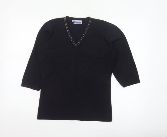 Austin Reed Women's Black V-Neck Beaded Trim Jumper Size L