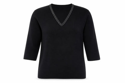 Austin Reed Women's Black V-Neck Beaded Trim Jumper Size L