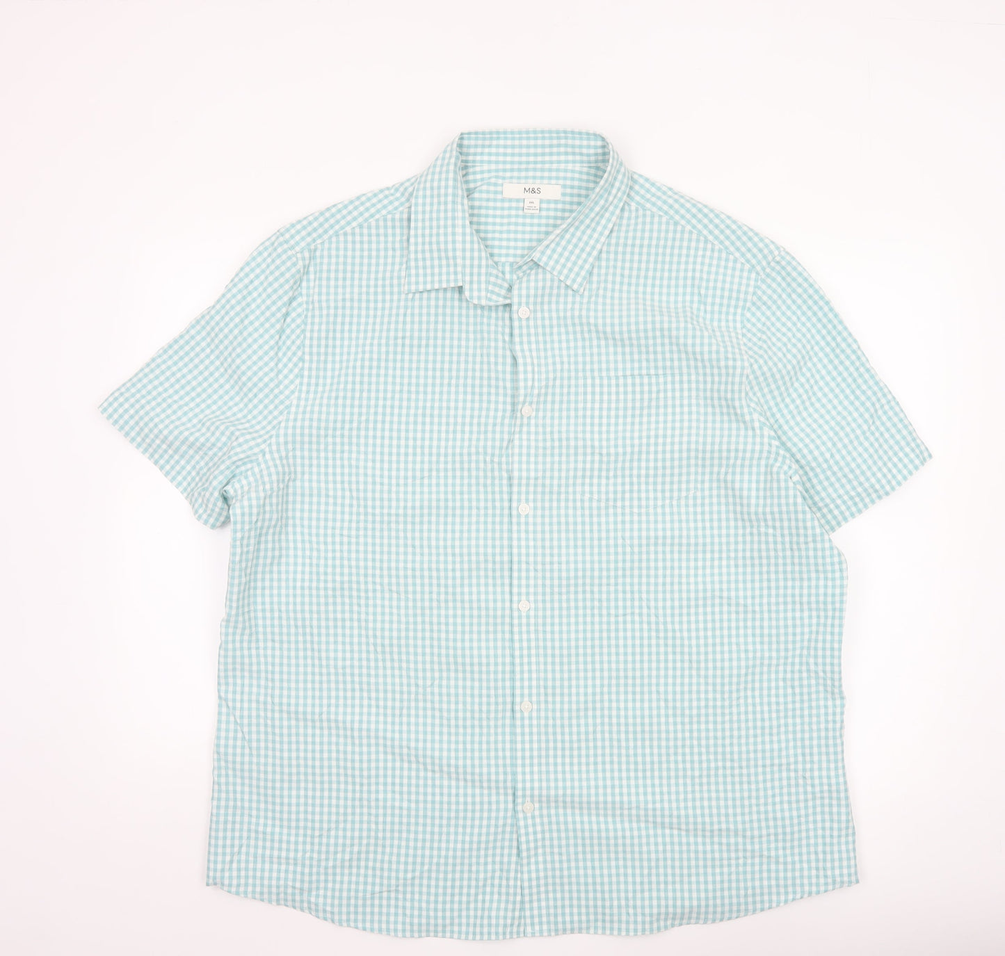 Marks and Spencer Men's Blue Check Short Sleeve 2XL Button-Up Shirt