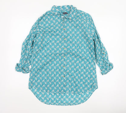 Marks and Spencer Women Blue Floral Long Sleeve Cotton Button-Up Shirt Size 12