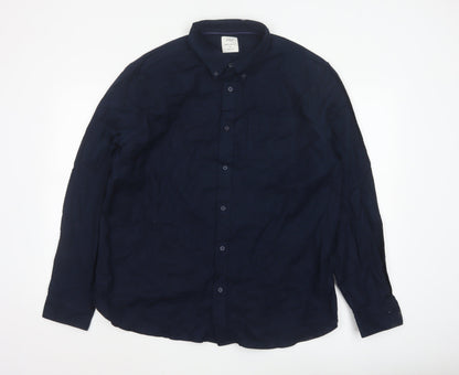 Marks and Spencer Men's Blue Regular Fit Long Sleeve Cotton Button-Up Shirt XL