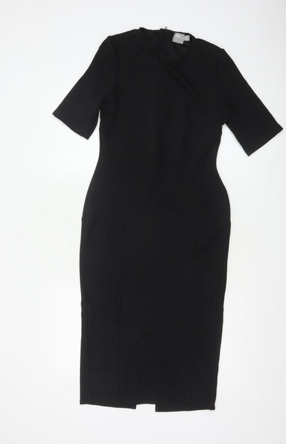 ASOS Women’s Black Midi Bodycon Dress Size 12 Zip Back Stretch