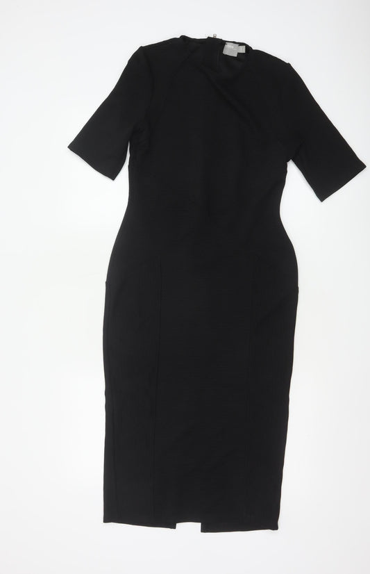 ASOS Women’s Black Midi Bodycon Dress Size 12 Zip Back Stretch