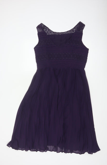 Oasis Women's Purple A-Line Sleeveless Lace Pleated Dress Size 14