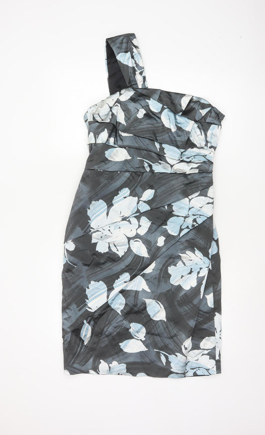 Coast Women Grey Floral One Shoulder Ruched Satin Dress Size 14
