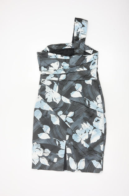 Coast Women Grey Floral One Shoulder Ruched Satin Dress Size 14