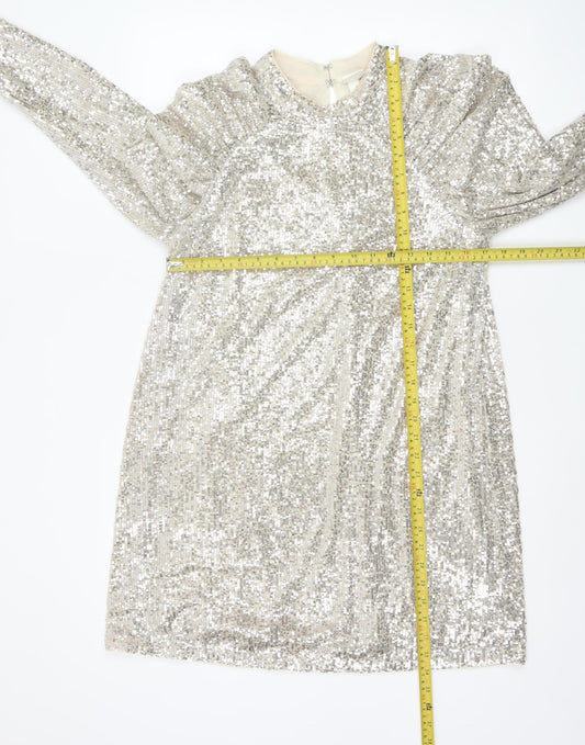 H&M Women Silver Sequin Short Shift Party Dress Size M