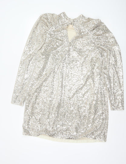H&M Women Silver Sequin Short Shift Party Dress Size M