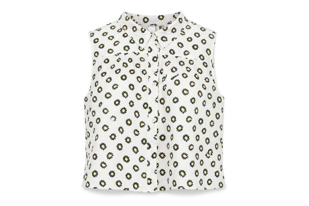Front view of By Henry Holland Women White Floral Sleeveless Collared Blouse, size 14