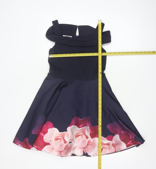 Ted Baker Girls Blue Floral Fit & Flare Party Dress Age 11 Off Shoulder