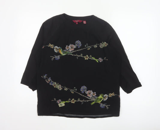 Ted Baker Women’s Black Floral Bird Tunic Blouse Size 12