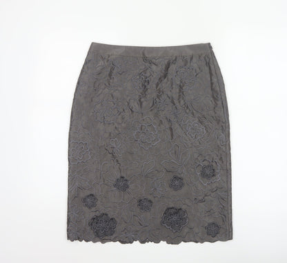 Monsoon Women Grey Floral Embroidered Pencil Skirt Size 10