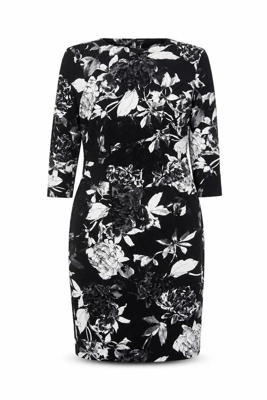 Front view of Roman Women Black Floral Sheath Dress, size 18, 3/4 Sleeve