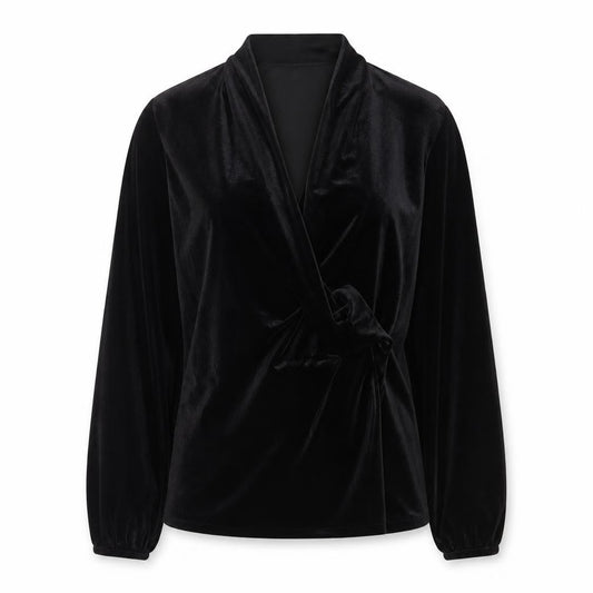 Boden Women Black Velvet Wrap Blouse UK 12 Long Sleeve