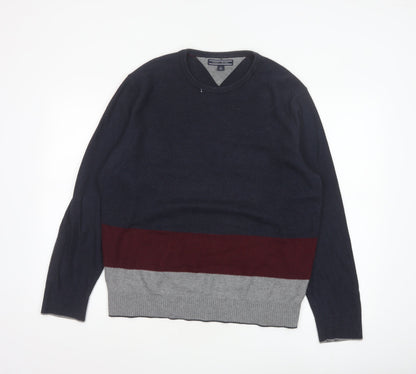 Tommy Hilfiger Men's Blue Colourblock Cotton Wool Pullover Jumper L