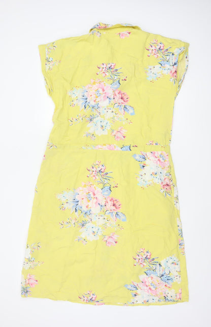 Joules Women's Yellow Floral Shirt Dress Size 10 Linen Blend