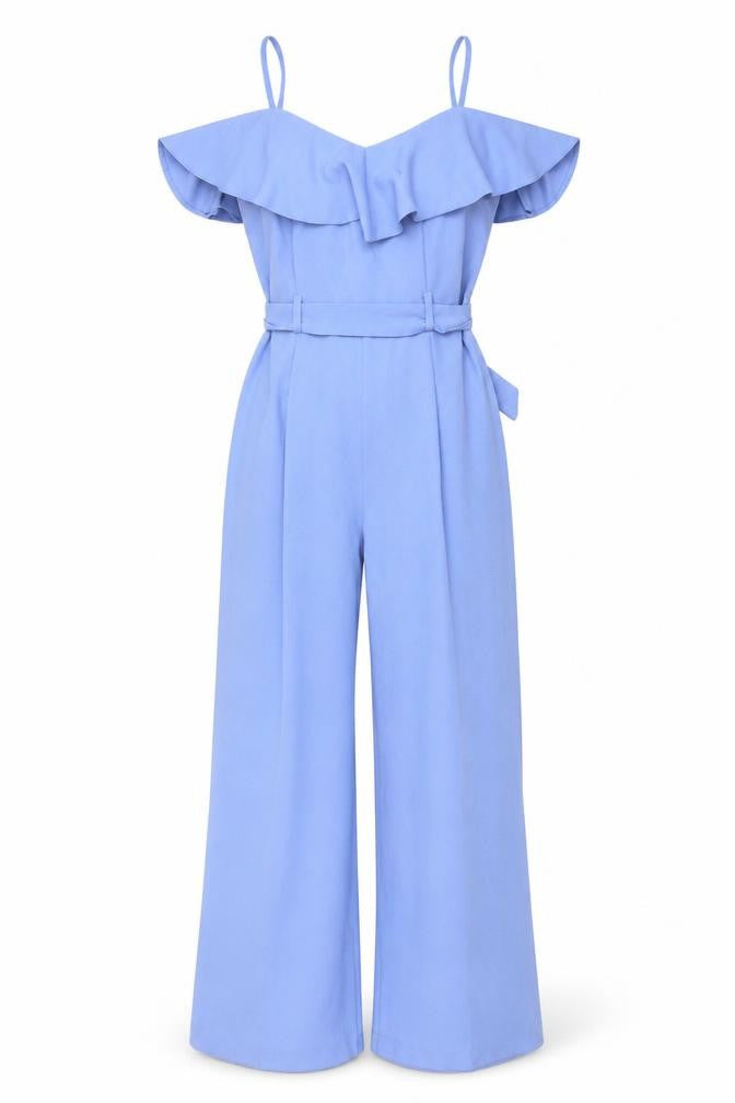 Miss Selfridge Women's Blue Ruffle Bardot Wide-Leg Jumpsuit Size 10