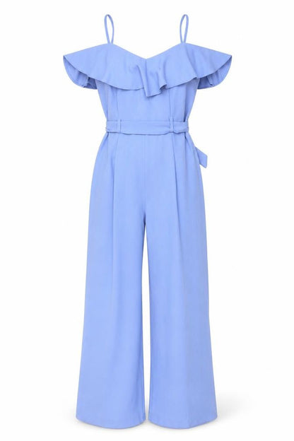 Miss Selfridge Women's Blue Ruffle Bardot Wide-Leg Jumpsuit Size 10