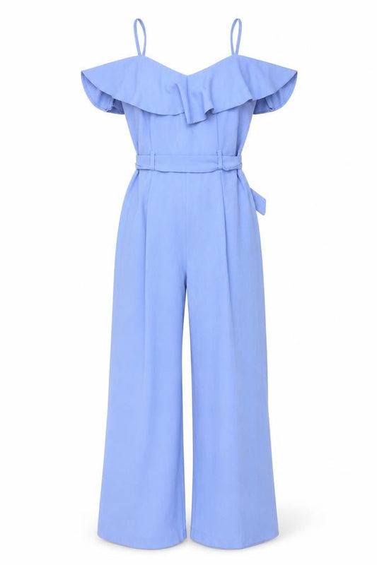Miss Selfridge Women's Blue Ruffle Bardot Wide-Leg Jumpsuit Size 10