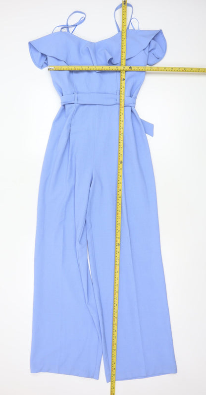 Miss Selfridge Women's Blue Ruffle Bardot Wide-Leg Jumpsuit Size 10
