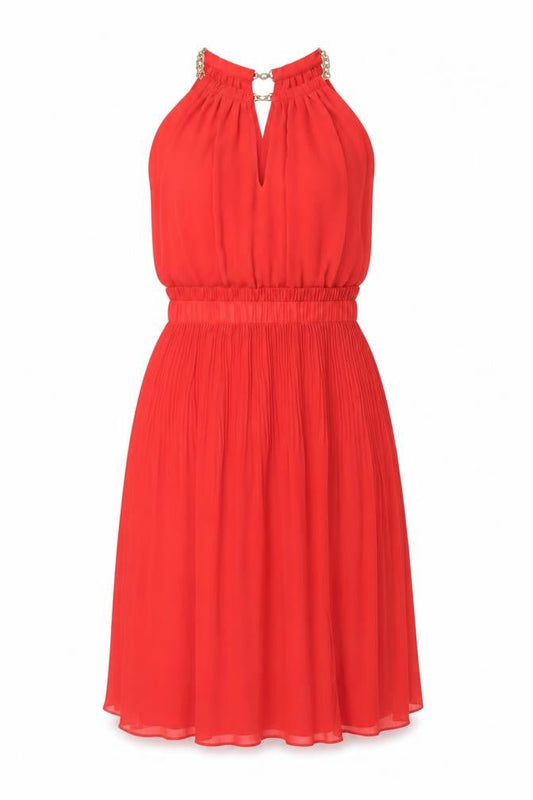 Front view of Michael Kors Women's Red Halter Fit & Flare Sleeveless Dress M