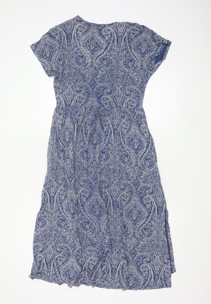 Joules Women Blue Paisley Midi Fit & Flare V-Neck Dress Size S