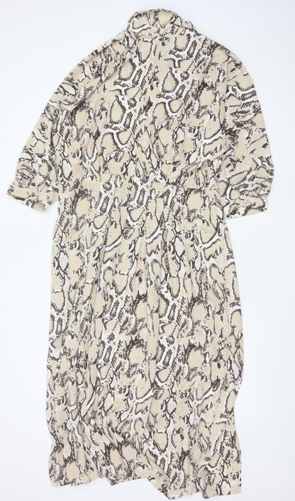 River Island Women’s Beige Animal Print Collared Midi Shirt Dress Size 16