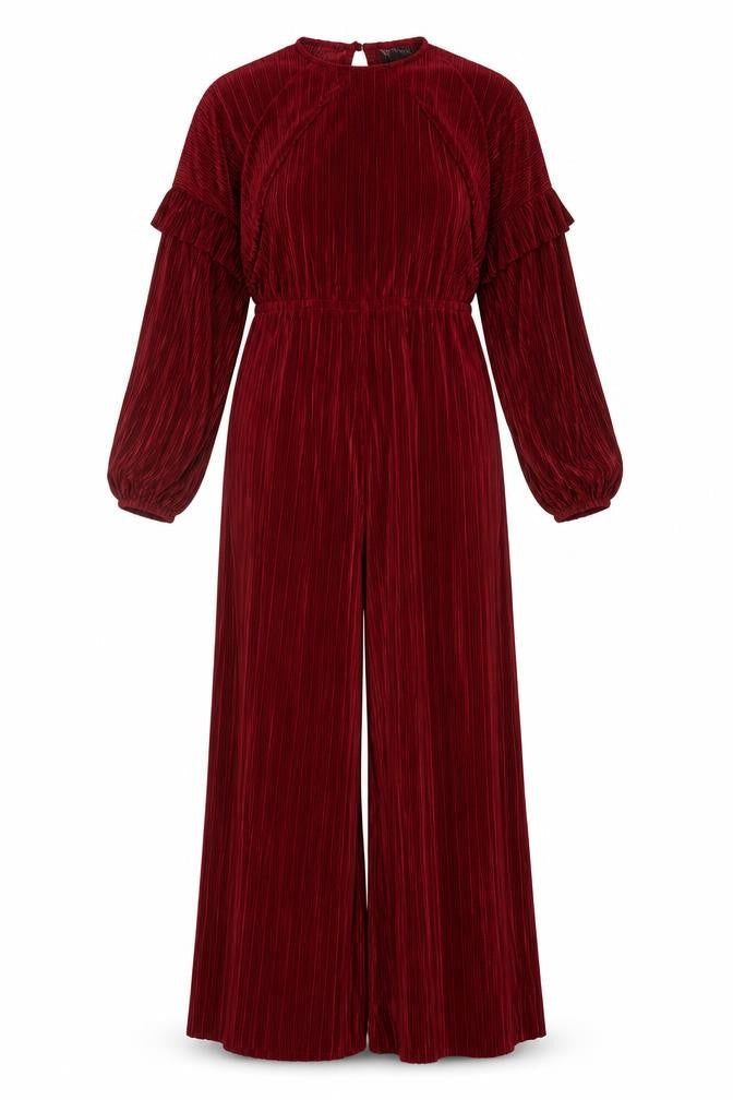 Front view of ASOS Design Women’s Red Pleated Wide-Leg Velvet Jumpsuit, size UK 14