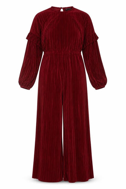 Front view of ASOS Design Women’s Red Pleated Wide-Leg Velvet Jumpsuit, size UK 14