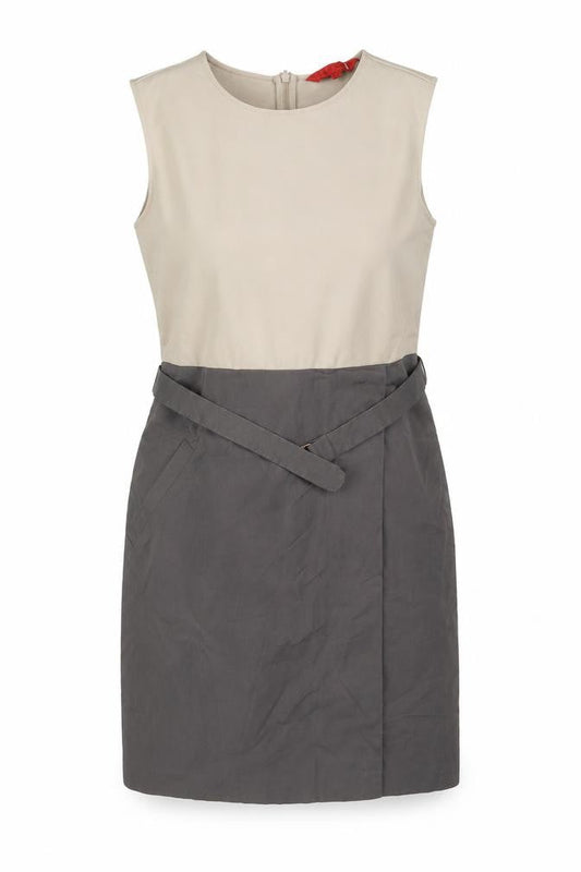 Front view of L.K. Bennett Women Beige Grey Colourblock Sheath Dress, size 10