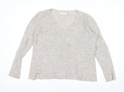 Fat Face Women Beige V-Neck Long Sleeve Wool Blend Jumper UK 14