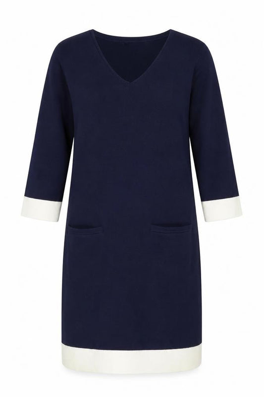 Front view of Crew Clothing Blue Knit Shift Dress, size 12, V-Neck 3/4 Sleeve