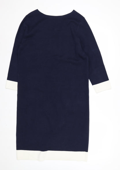Crew Clothing Women's Blue Knit Shift Dress Size 12 V-Neck 3/4 Sleeve