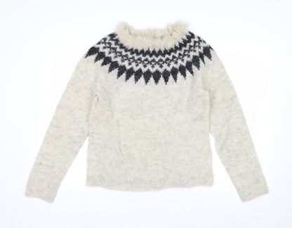 Icelandica Women's Ivory Wool Fur Trim Nordic Knit Jumper L