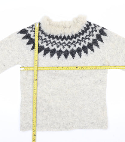 Icelandica Women's Ivory Wool Fur Trim Nordic Knit Jumper L