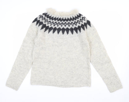 Icelandica Women's Ivory Wool Fur Trim Nordic Knit Jumper L