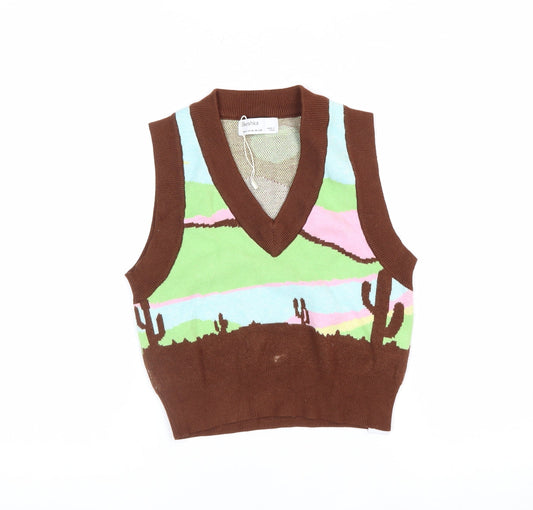 Bershka Women's Multicoloured Cropped Knit Vest Top M