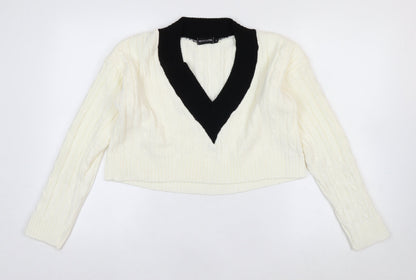 PrettyLittleThing Womens Ivory V-Neck Cable Knit Jumper Size M
