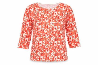 Damart Women's Red Floral 3/4 Sleeve Viscose Knit T-Shirt Size 14/16
