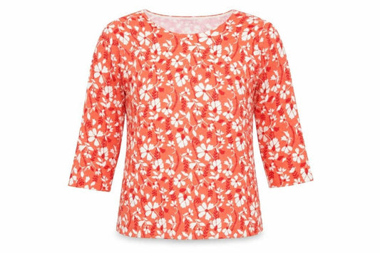 Damart Women's Red Floral 3/4 Sleeve Viscose Knit T-Shirt Size 14/16