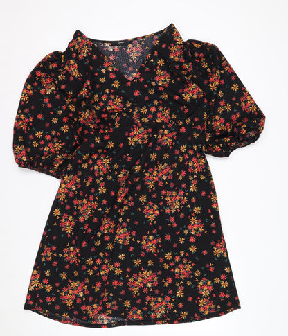 George Women’s Black Floral A-Line Short Puff Sleeve Dress Size 12