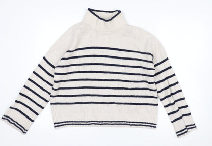 The White Company Women’s Ivory Striped Roll Neck Jumper Size 10