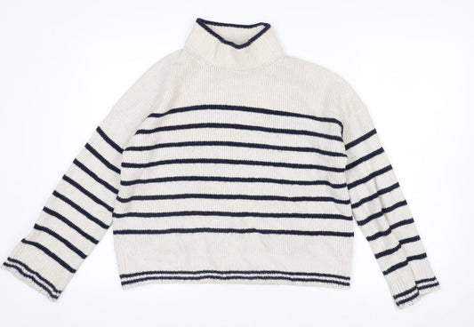 The White Company Women’s Ivory Striped Roll Neck Jumper Size 10