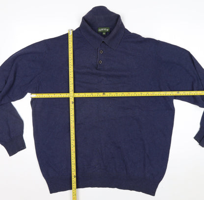 Orvis Men's Blue Cotton Silk Cashmere Long Sleeve Polo - Size L